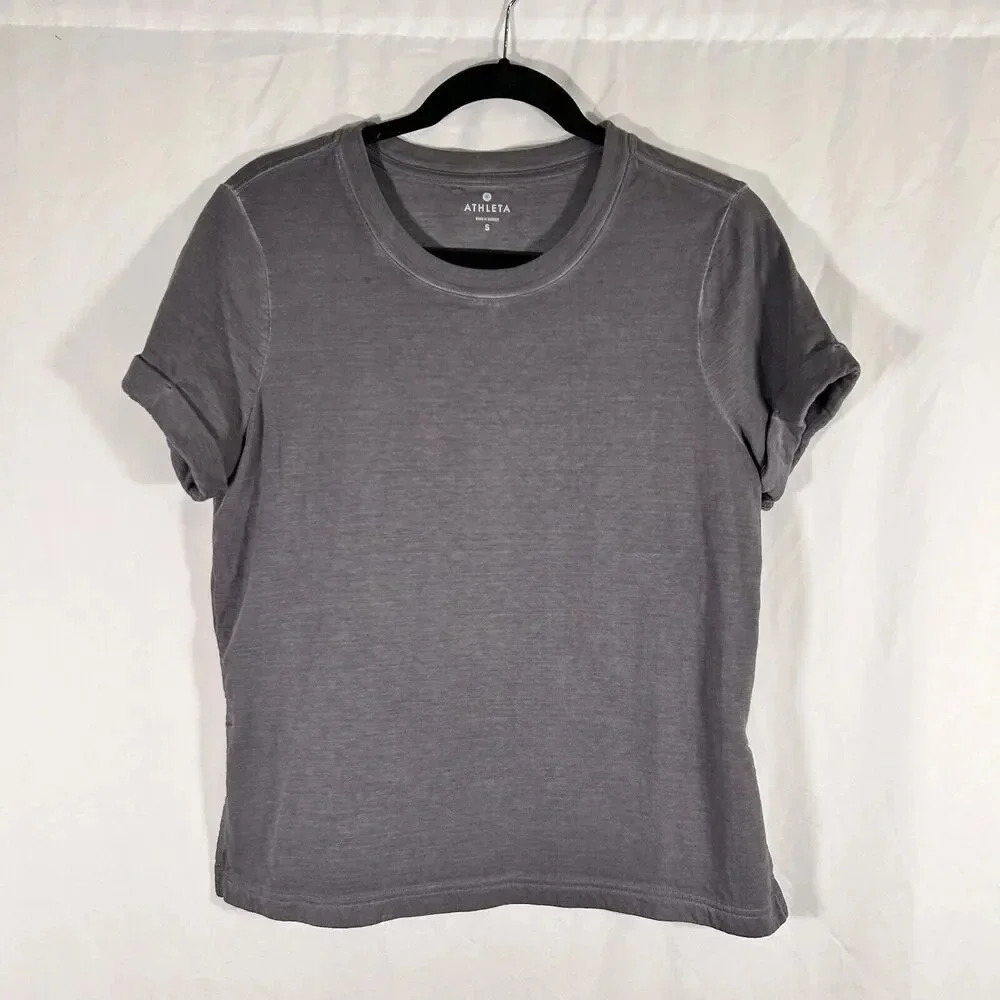 Athleta Shirt Women's SMall Grey Short Sleeve Crew Neck Side Slit Cotton Blend